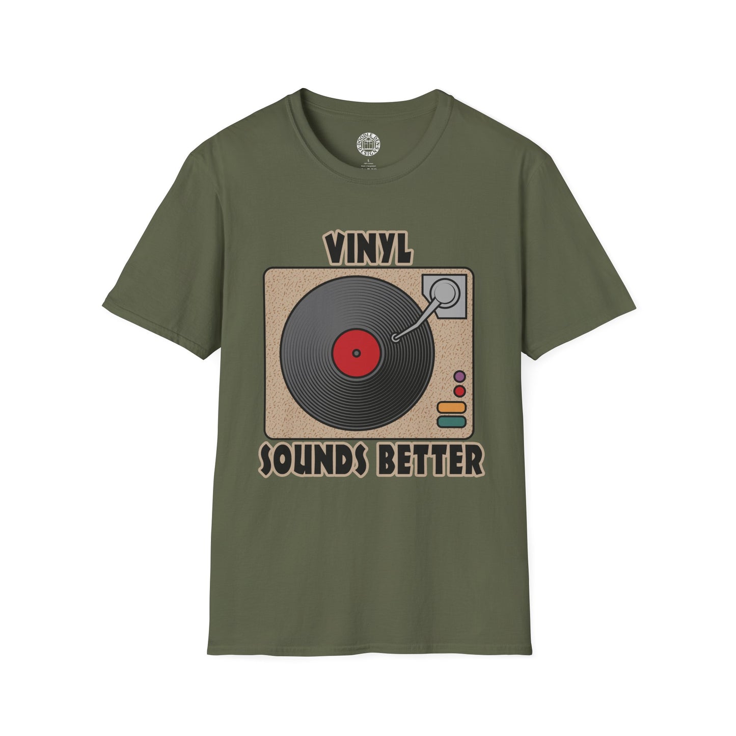 Green t-shirt with vinyl record graphic and 'Vinyl Sounds Better' text on a white background