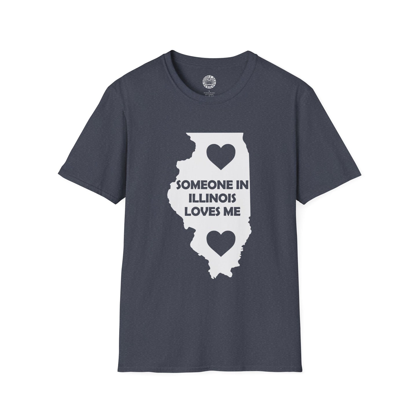 Navy blue t-shirt with white Illinois map design and text on a white background