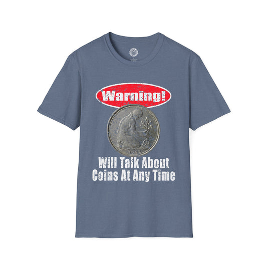 Blue t-shirt with a coin graphic and text on a white background for Numismatist coin collector