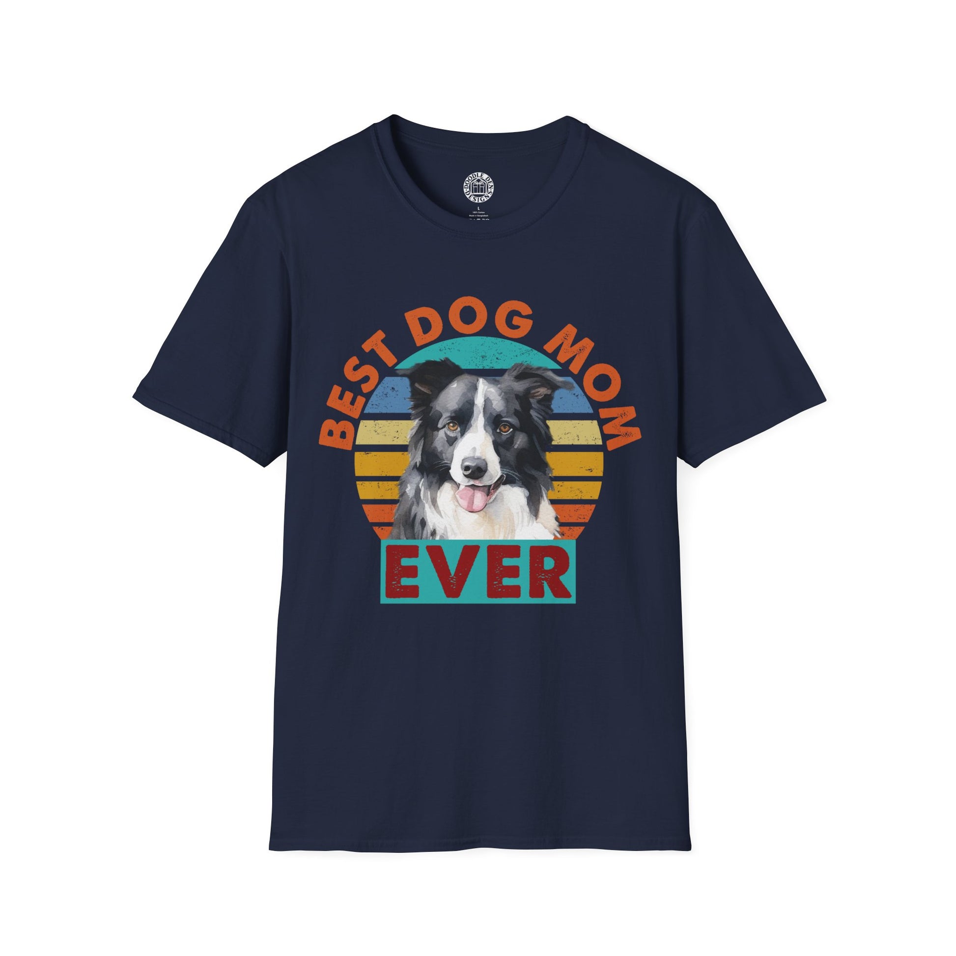 Navy blue t-shirt with a border collie dog graphic and 'Best Dog Mom Ever' text on a white background