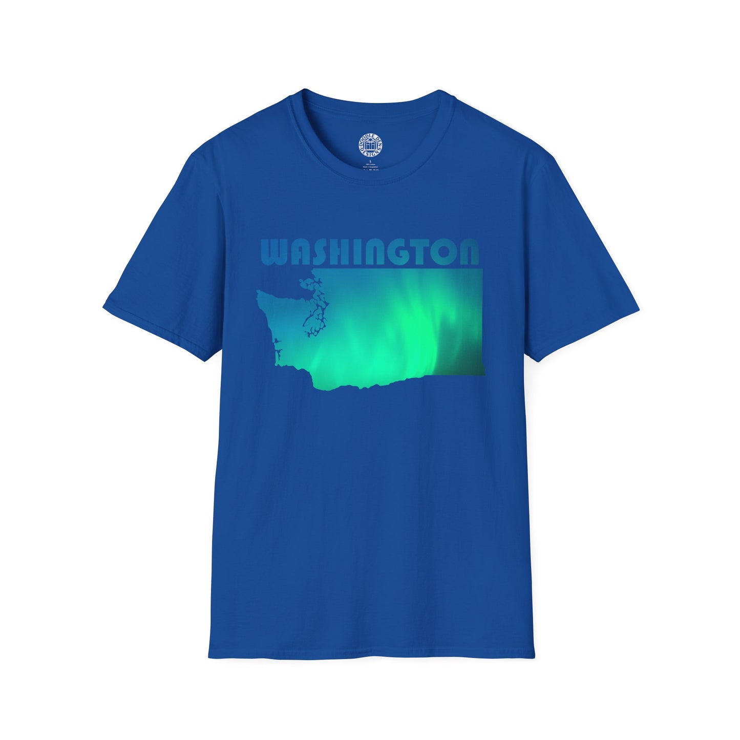Blue t-shirt with a graphic of Washington state and northern lights on a white background
