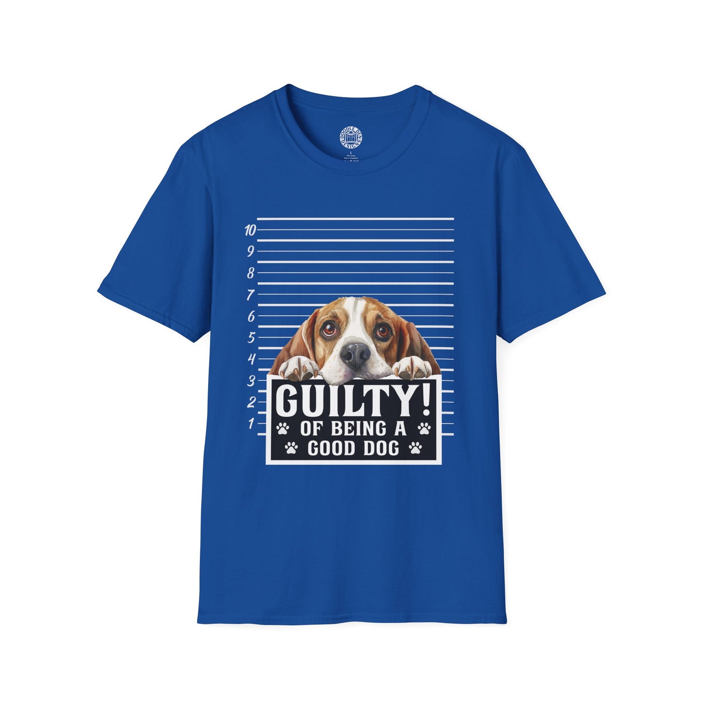 Blue t-shirt with a Beagle dog graphic and text on a white background
