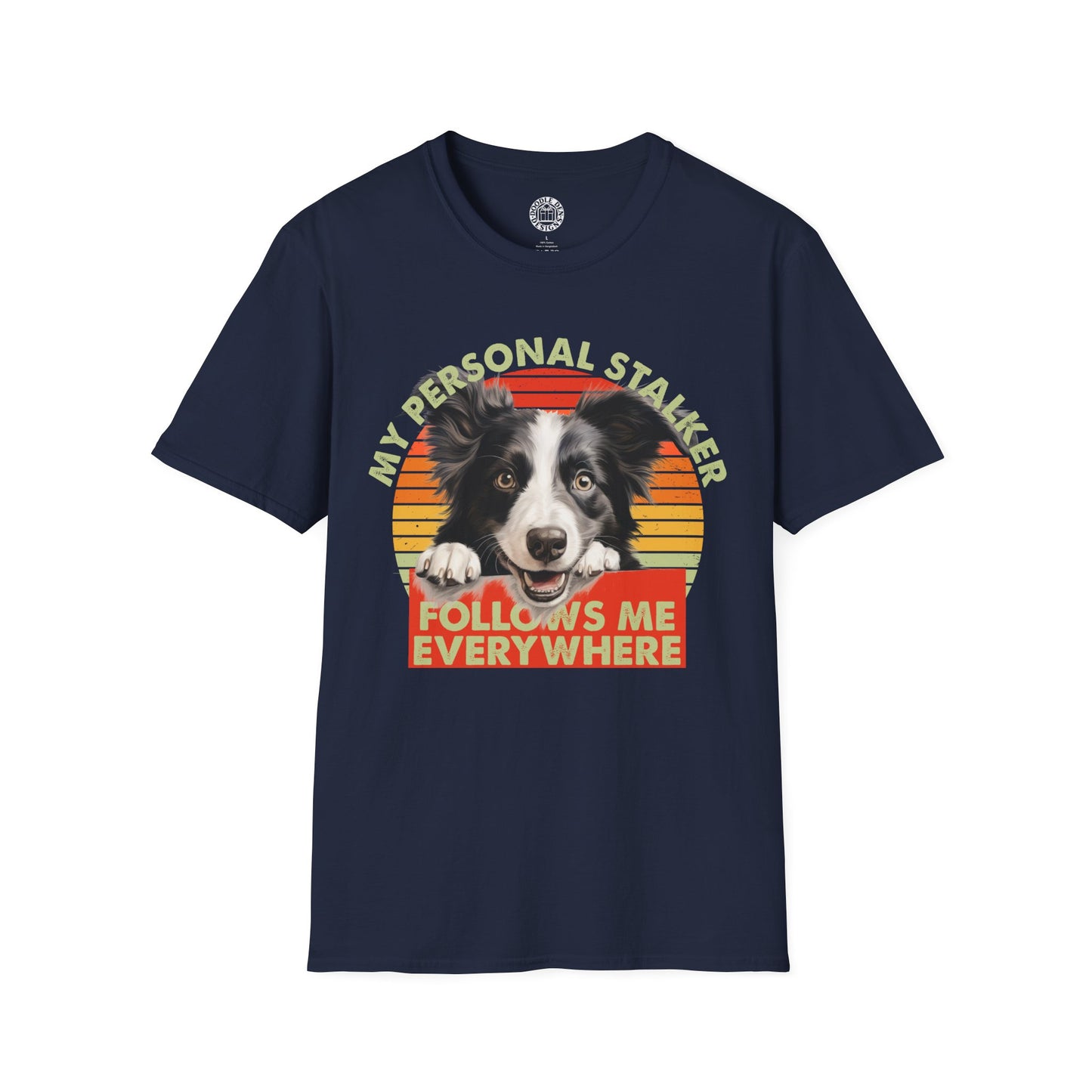 Navy blue t-shirt with a border collie dog graphic and text on a white background