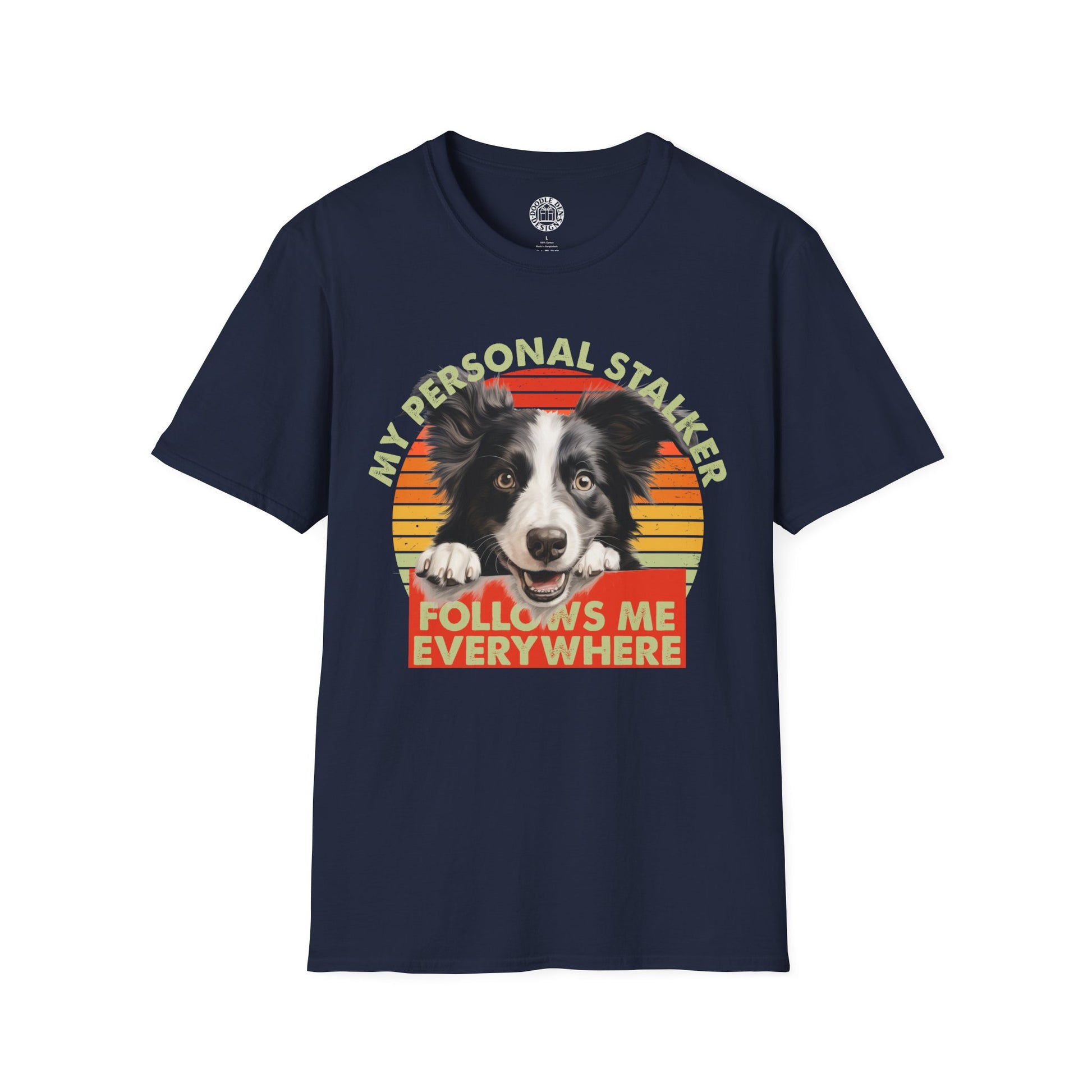 Navy blue t-shirt with a border collie dog graphic and text on a white background