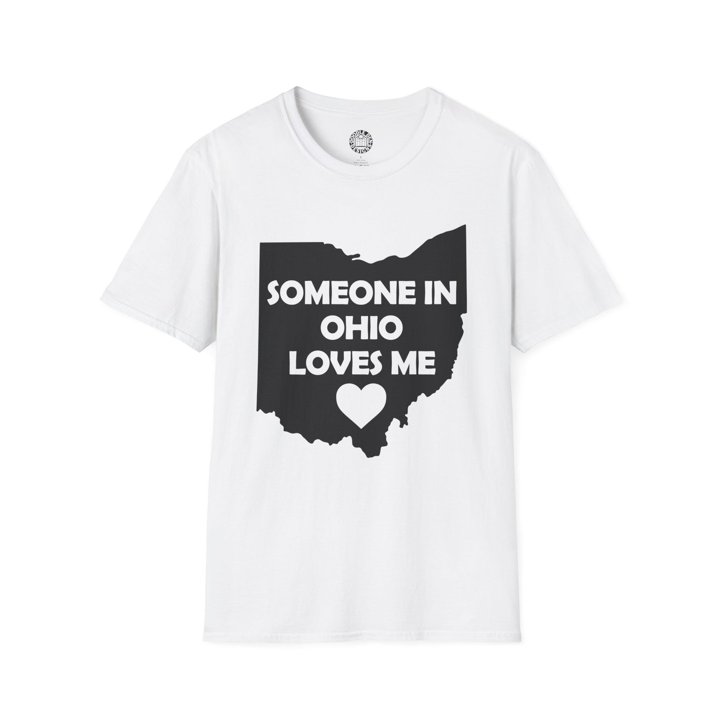 White t-shirt with black Ohio outline and text 'Someone in Ohio loves me' on a white background