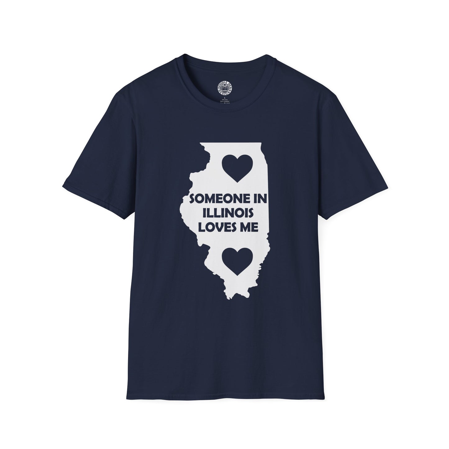 Navy blue t-shirt with white Illinois map design and text on a white background