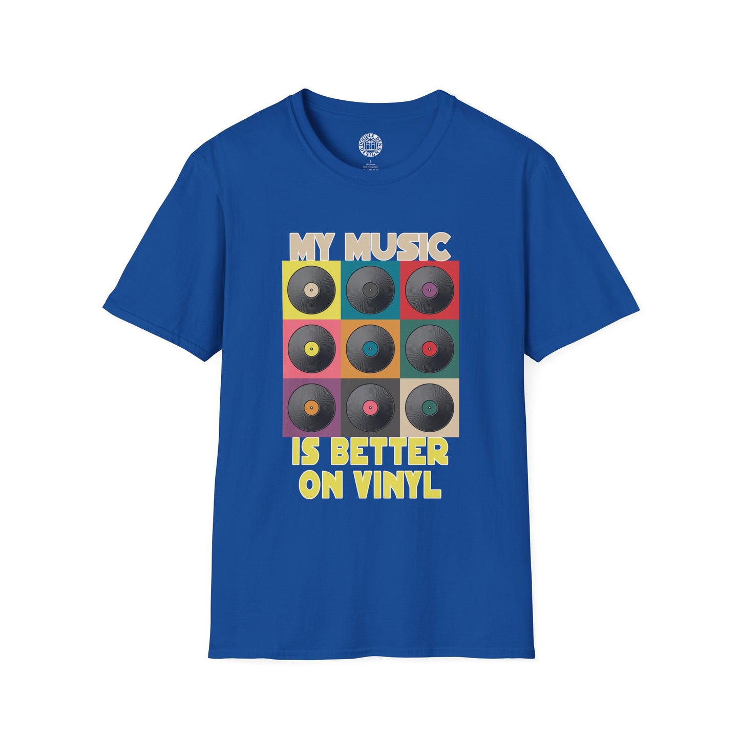 Blue t-shirt with vinyl record design and text on a white background