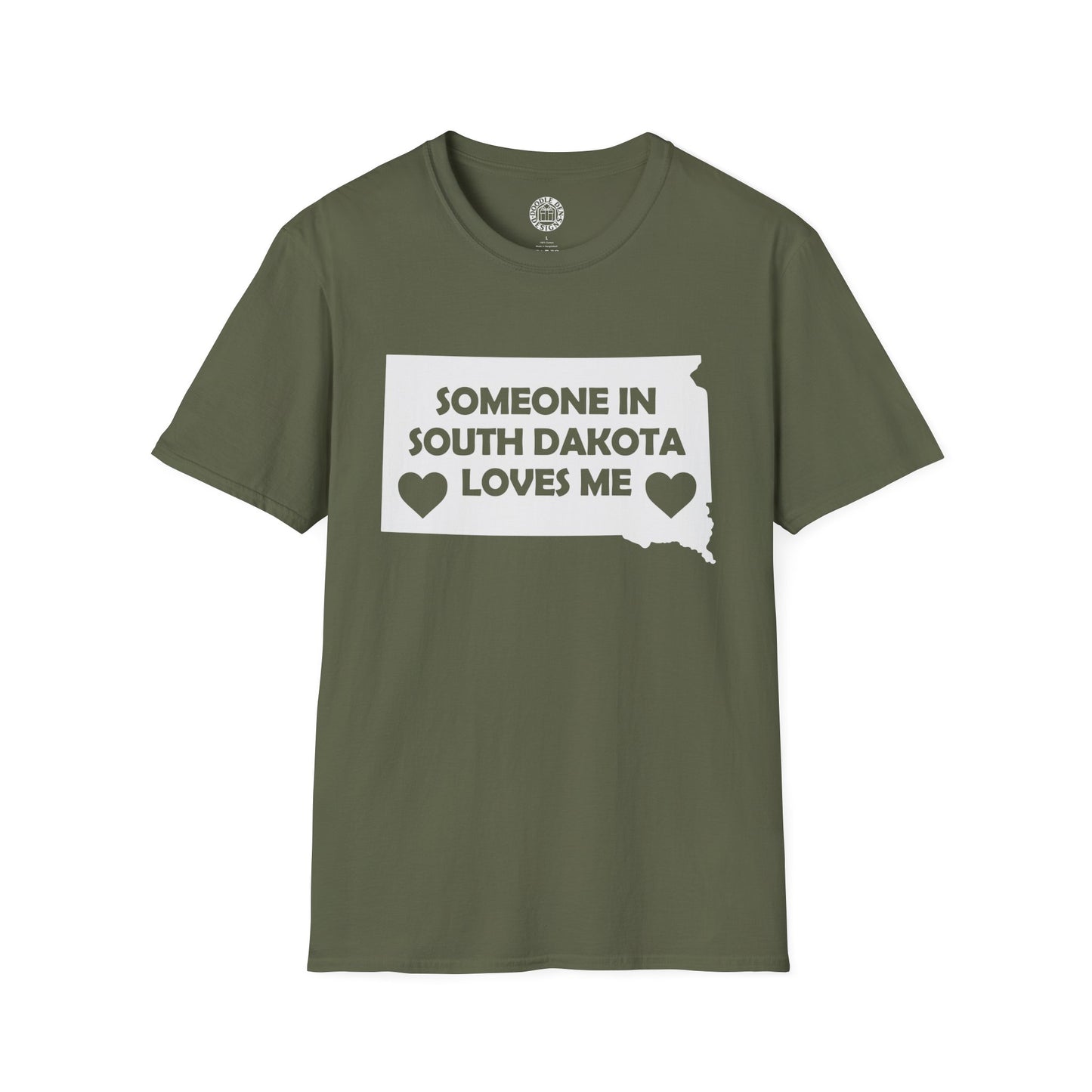 Green t-shirt with 'Someone in South Dakota loves me' text on a white background