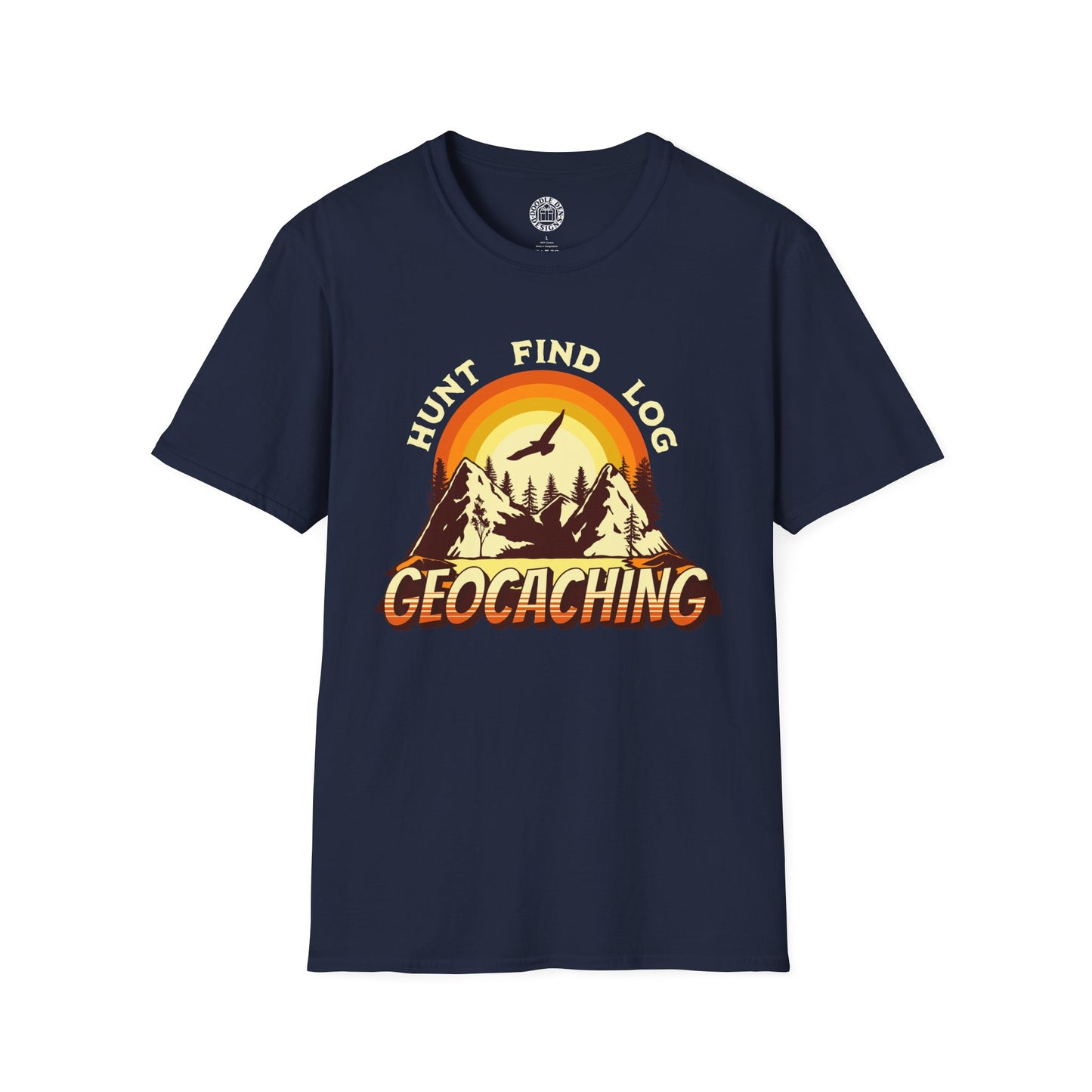 Navy blue t-shirt with 'Geocaching' graphic design on a white background