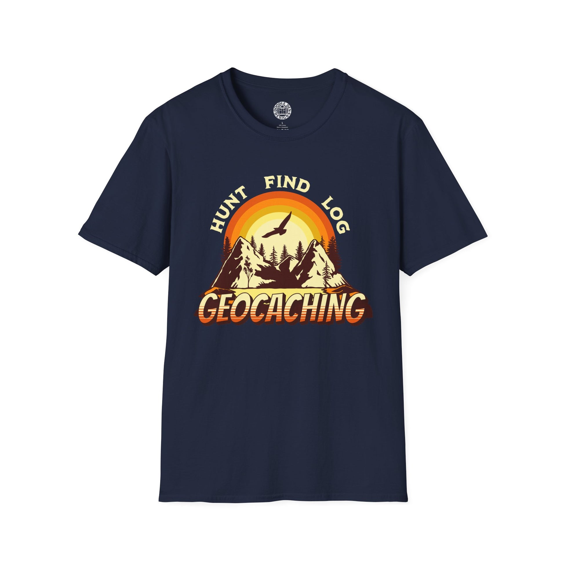 Navy blue t-shirt with 'Geocaching' graphic design on a white background