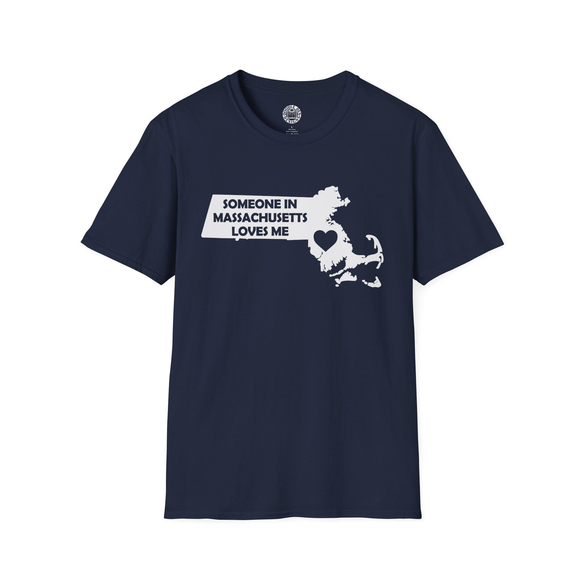 Navy blue t-shirt with white graphic and text on a white background with text  Someone In Massachusetts Loves Me