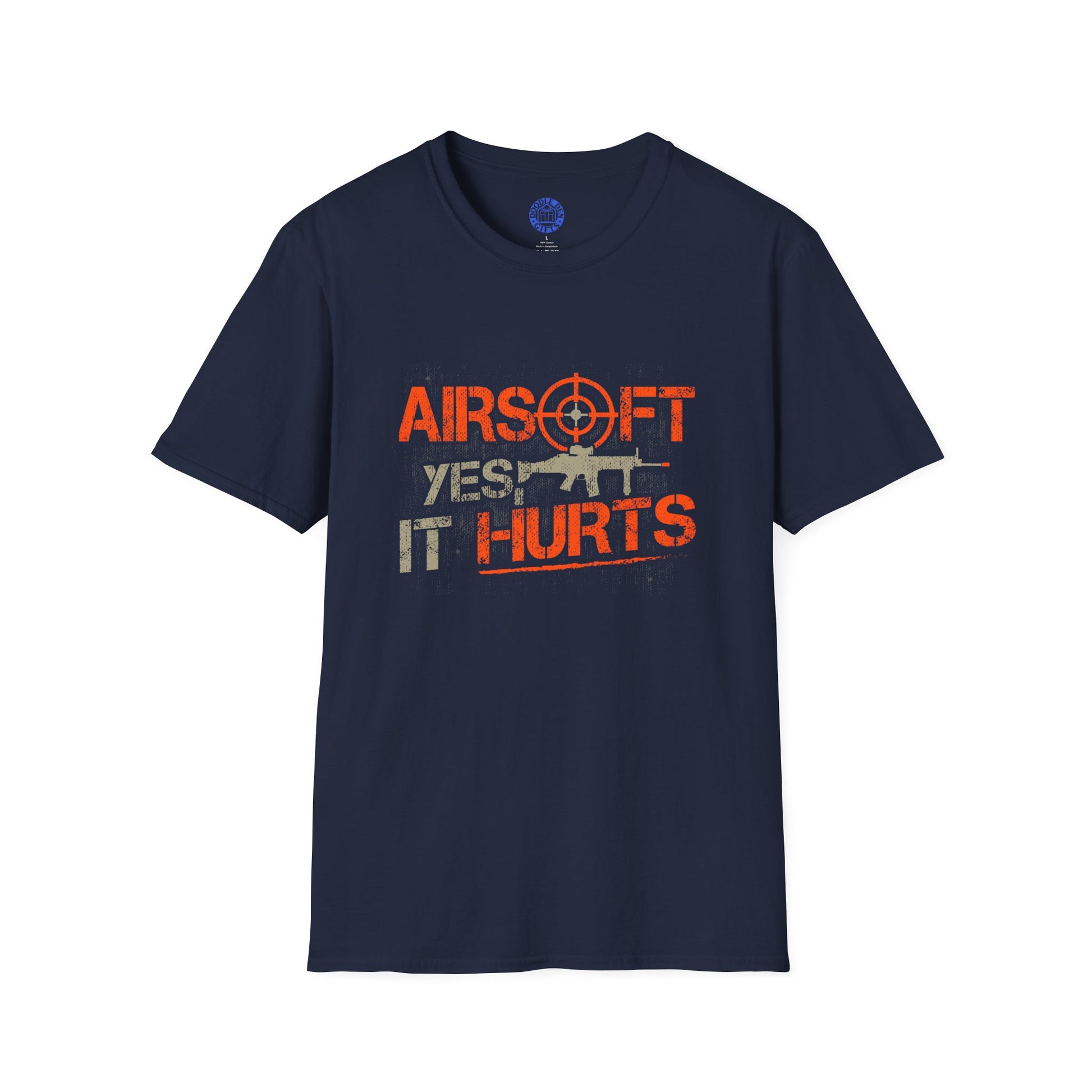 Navy blue t-shirt with airsoft-themed text and graphics on a white background