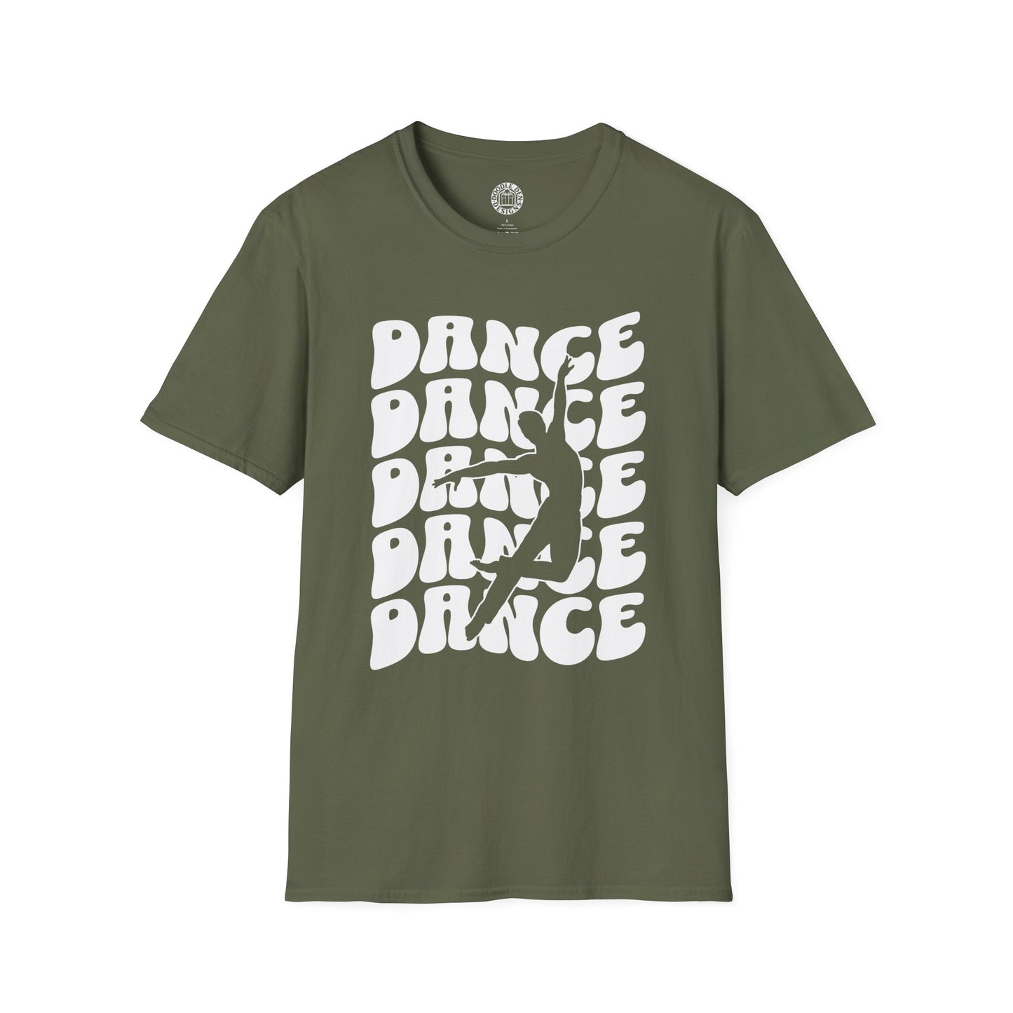 Green t-shirt with 'DANCE' text design on a white background