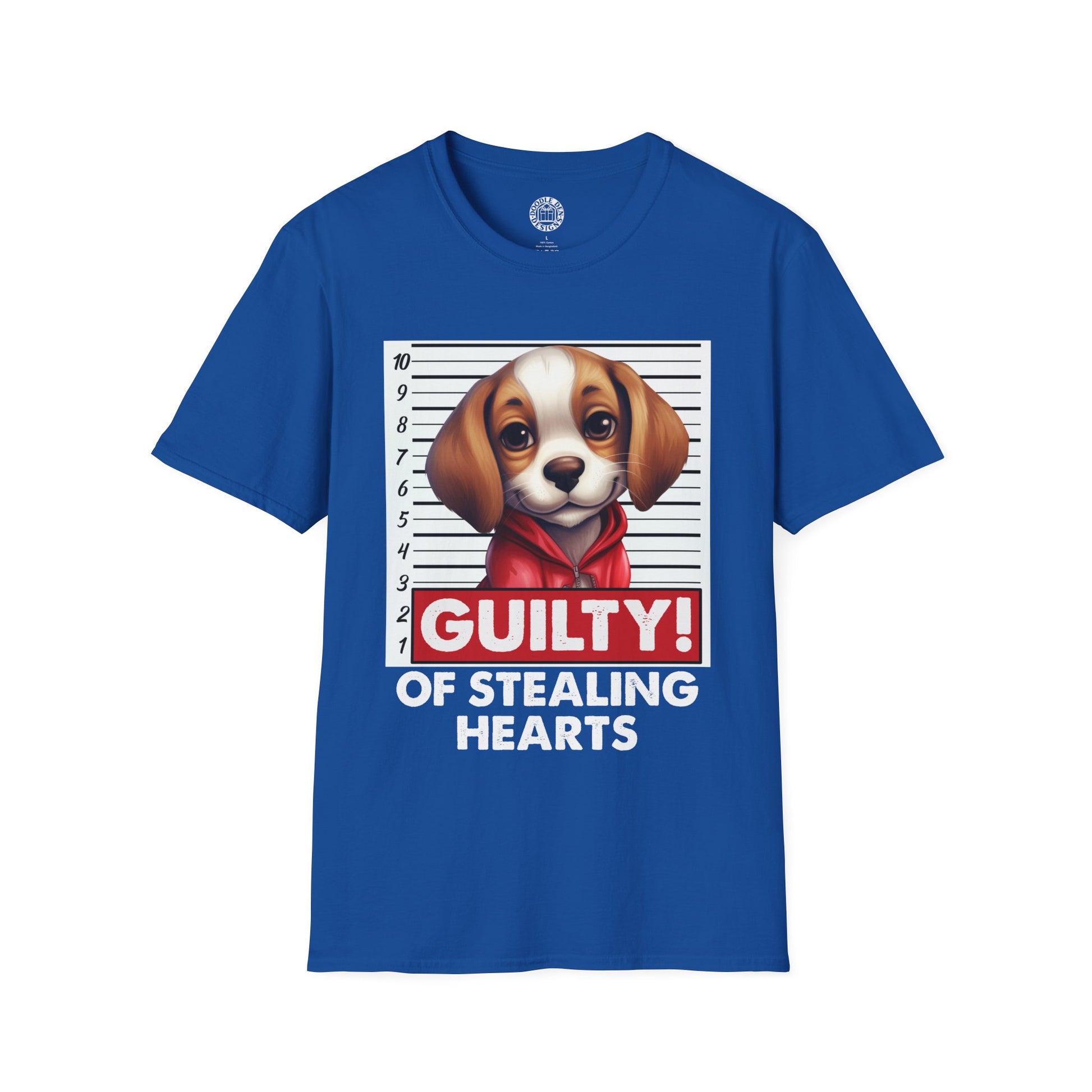 Blue t-shirt with a Beagle dog graphic and text on a white background