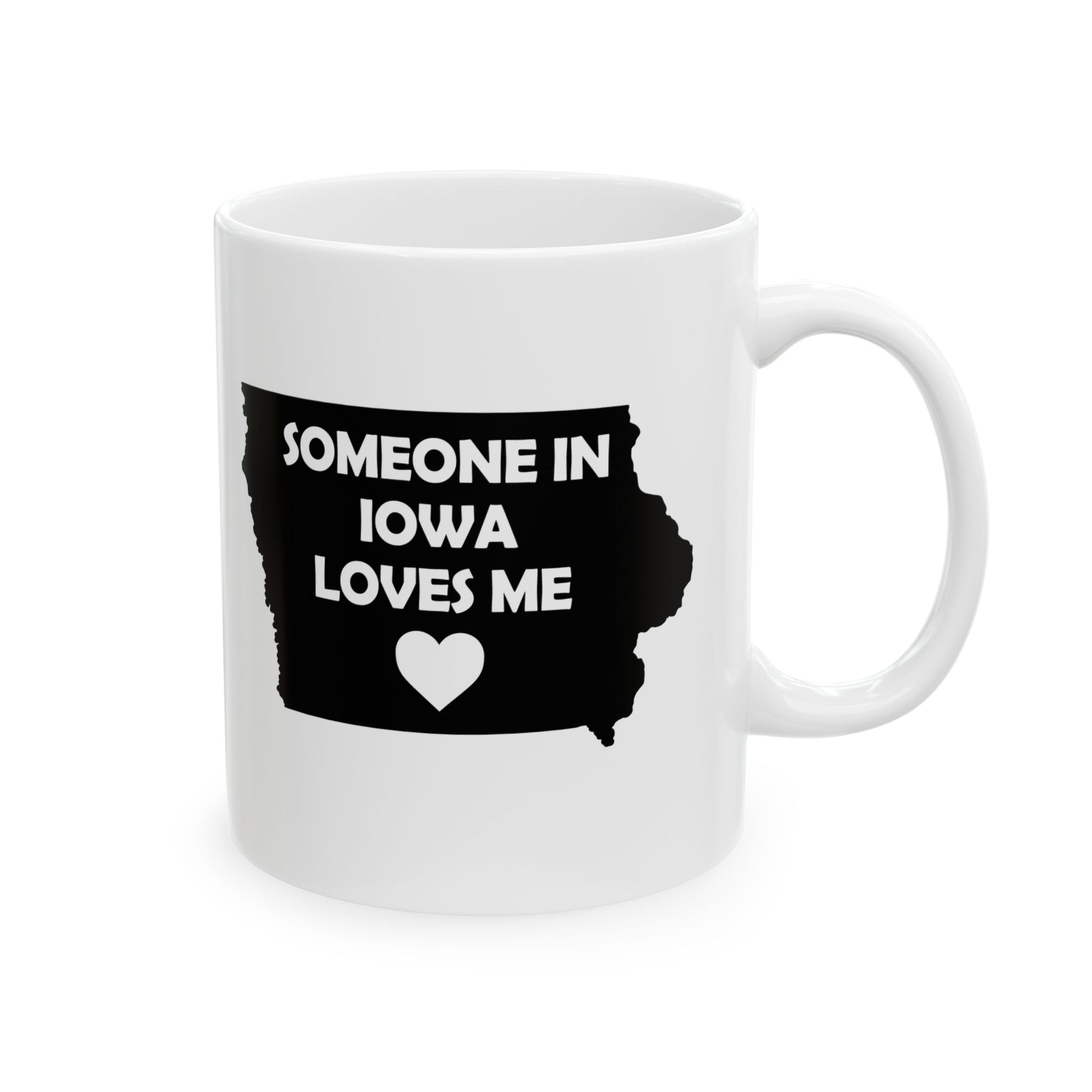 White mug with black Iowa outline and text 'Someone in Iowa loves me' on a white background
