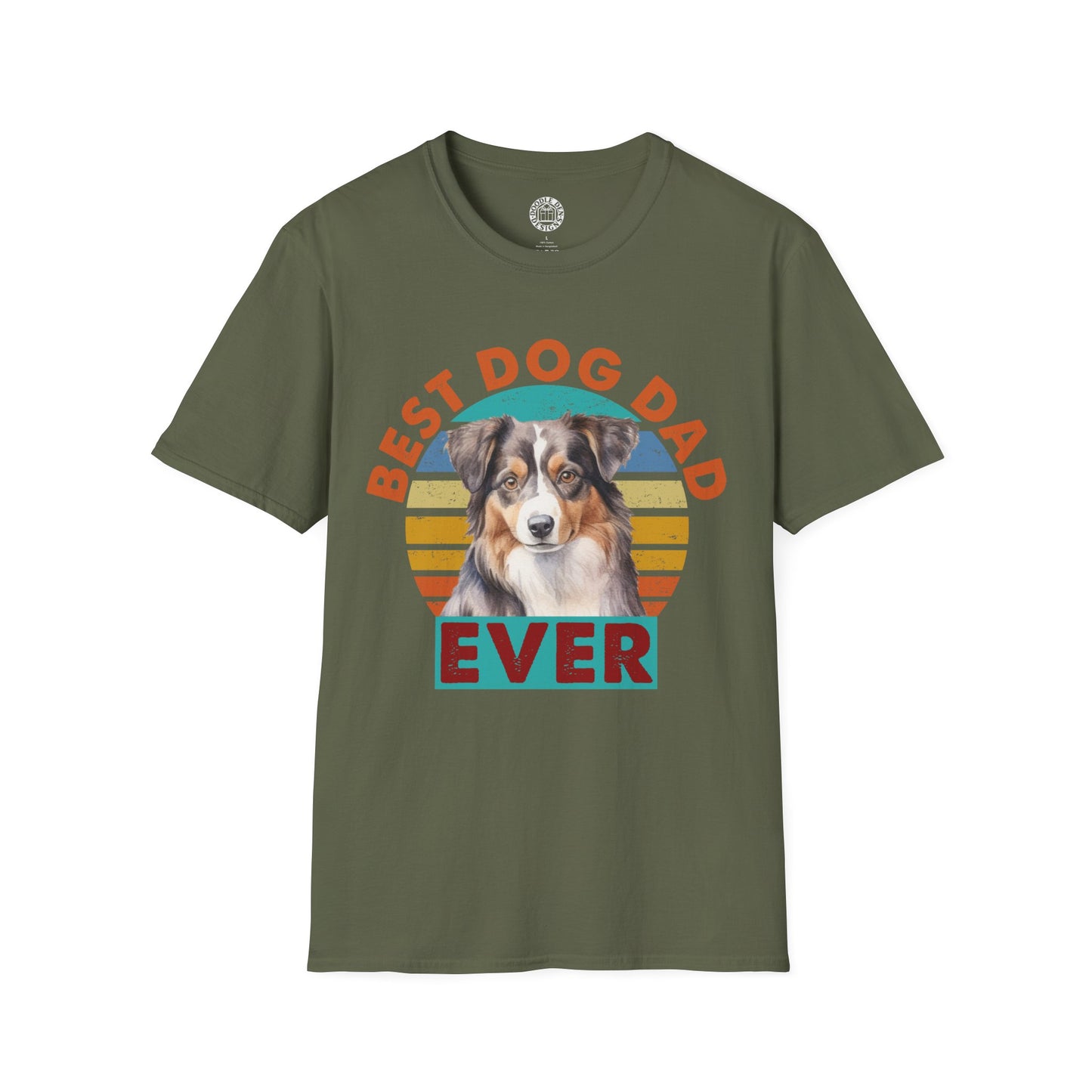 Green t-shirt with a Australian Shepherd dog graphic and 'Best Dog Dad Ever' text on a white background
