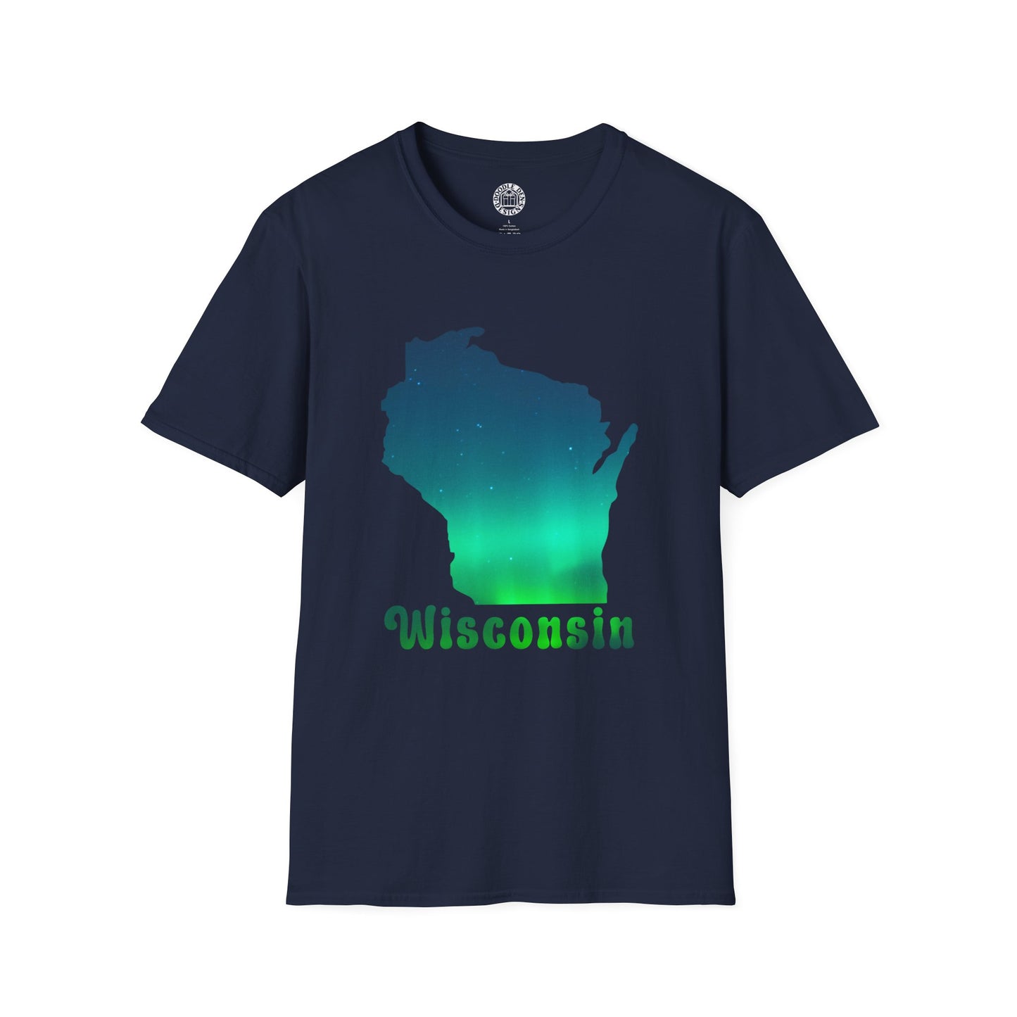 Navy blue t-shirt with a green 'Wisconsin' design on a white background