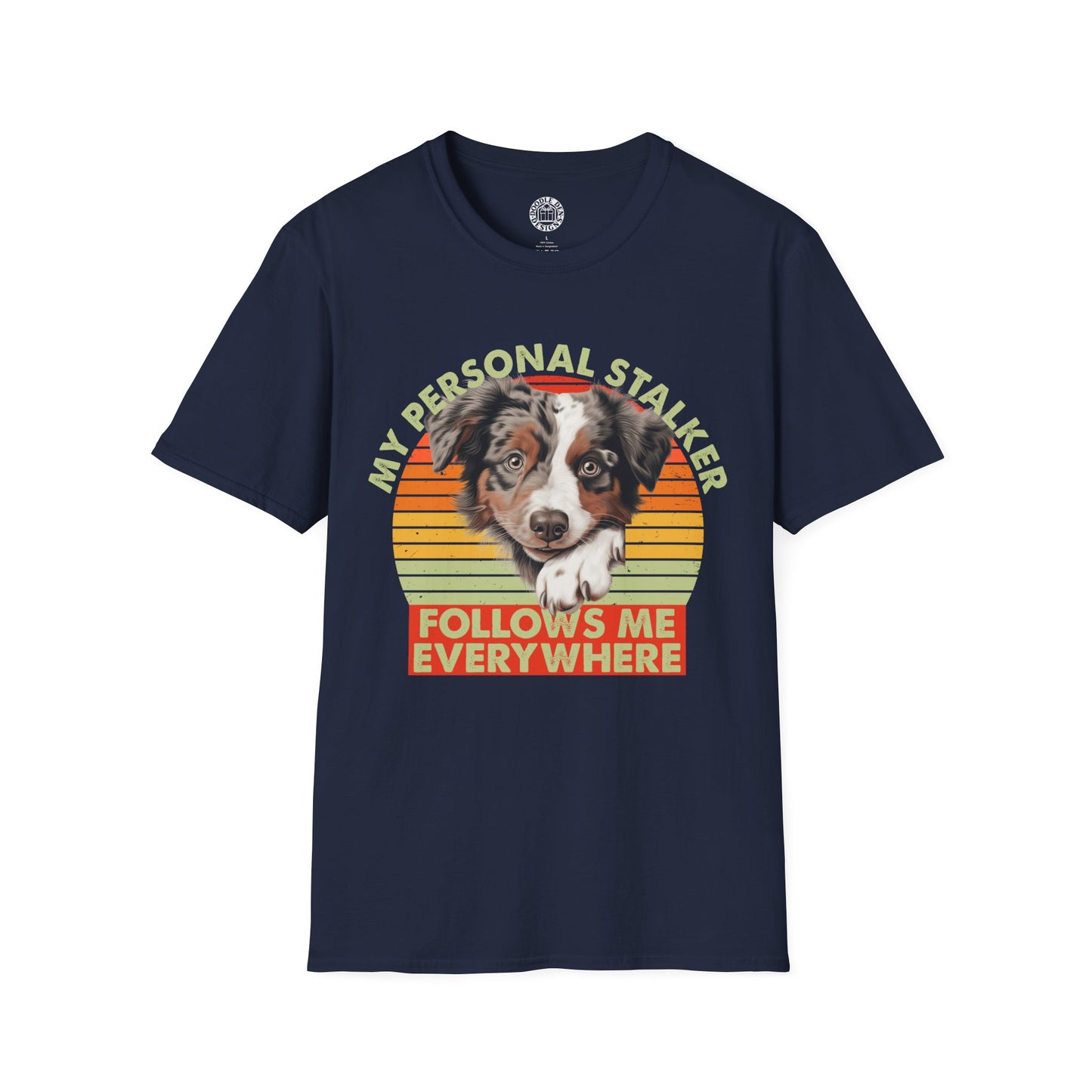 Navy blue t-shirt with a Australian Shepherd dog graphic and text on a white background