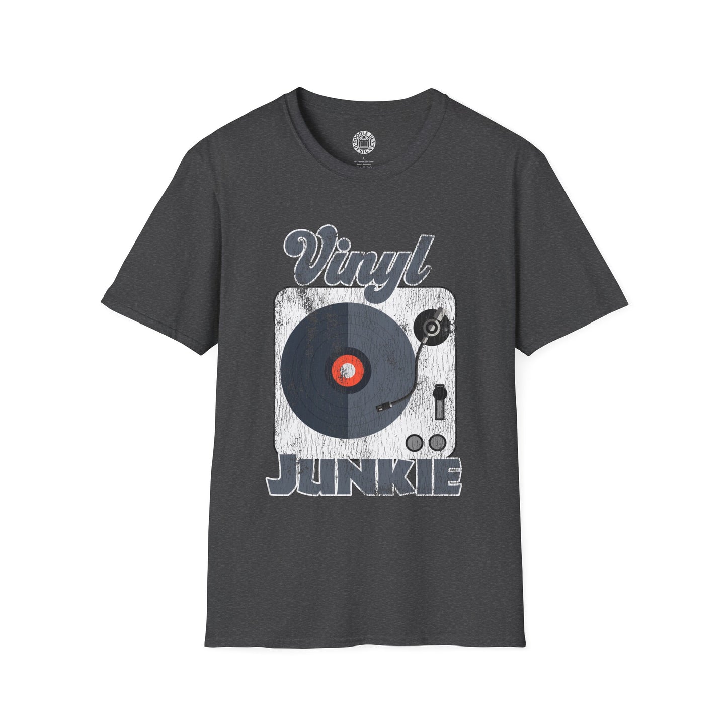Gray t-shirt with vinyl record design and 'Vinyl Junkie' text on a white background