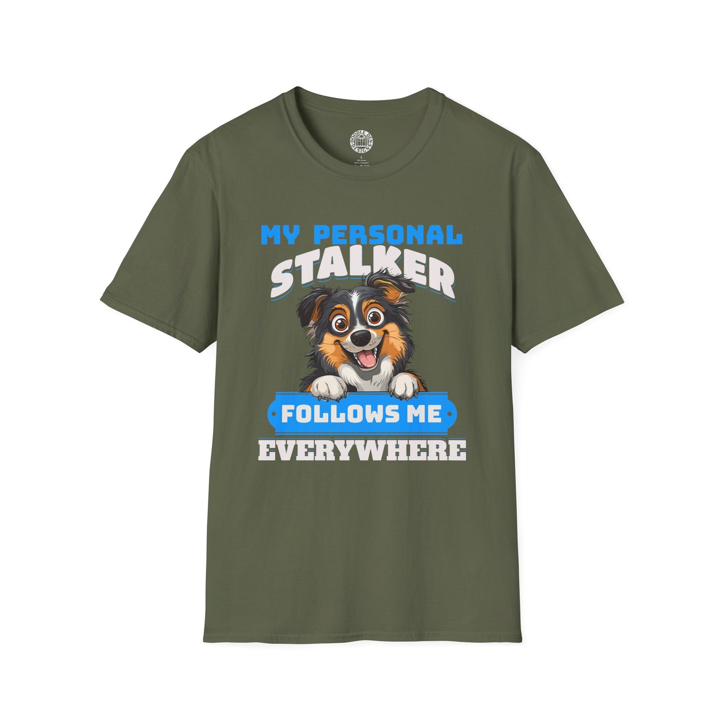 Green t-shirt with a Australian Shepherd dog graphic and text on a white background
