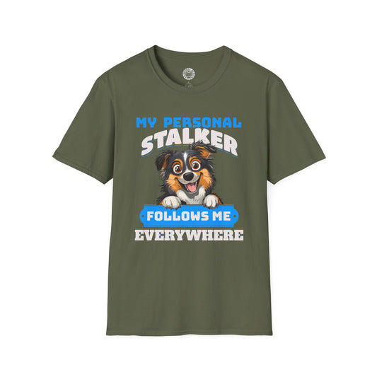 Green t-shirt with a Australian Shepherd dog graphic and text on a white background