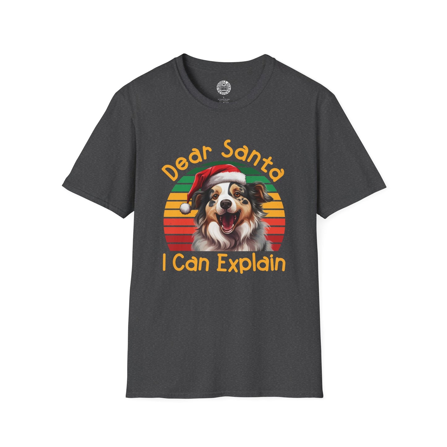 Dark gray t-shirt with a Australian Shepherd dog wearing a Santa hat and text 'Dear Santa I Can Explain' on a white background