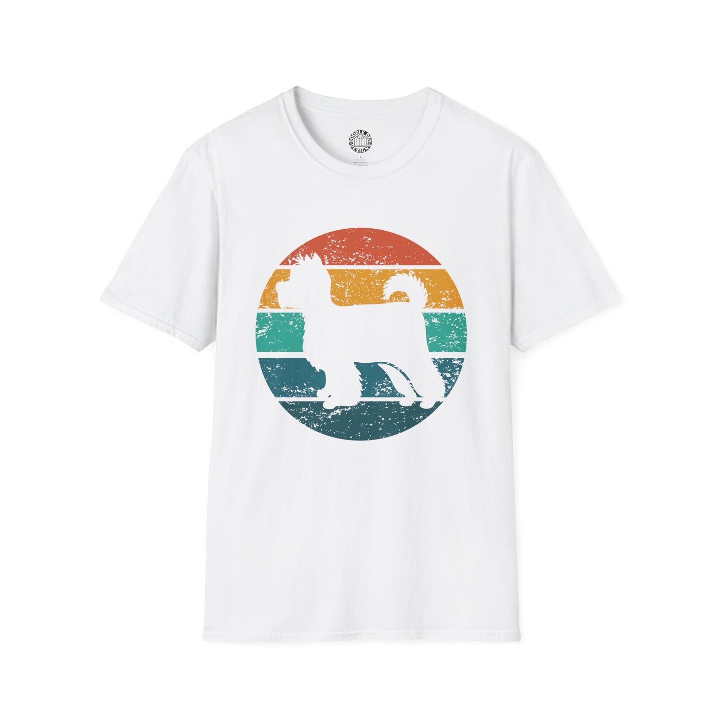 White t-shirt with a colorful graphic of a Yorkshire Terrier dog on a white background