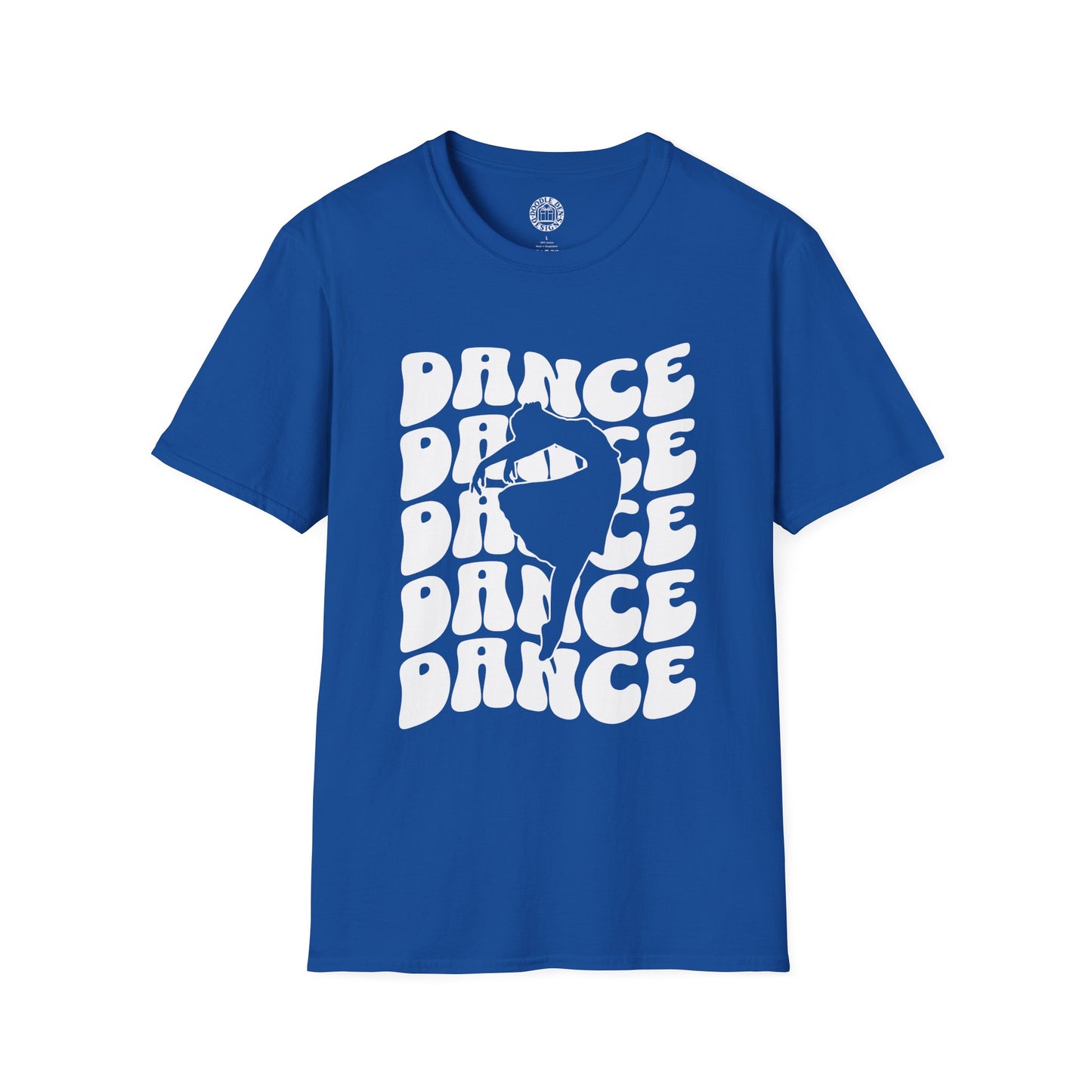 Blue t-shirt with white 'DANCE' text and silhouette graphic on a white background