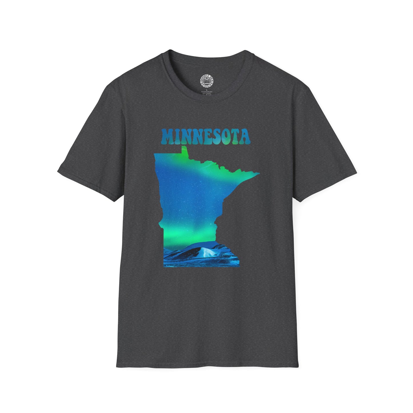 Black t-shirt with Minnesota map graphic and 'MINNESOTA' text on a white background northern lights aurora borealis