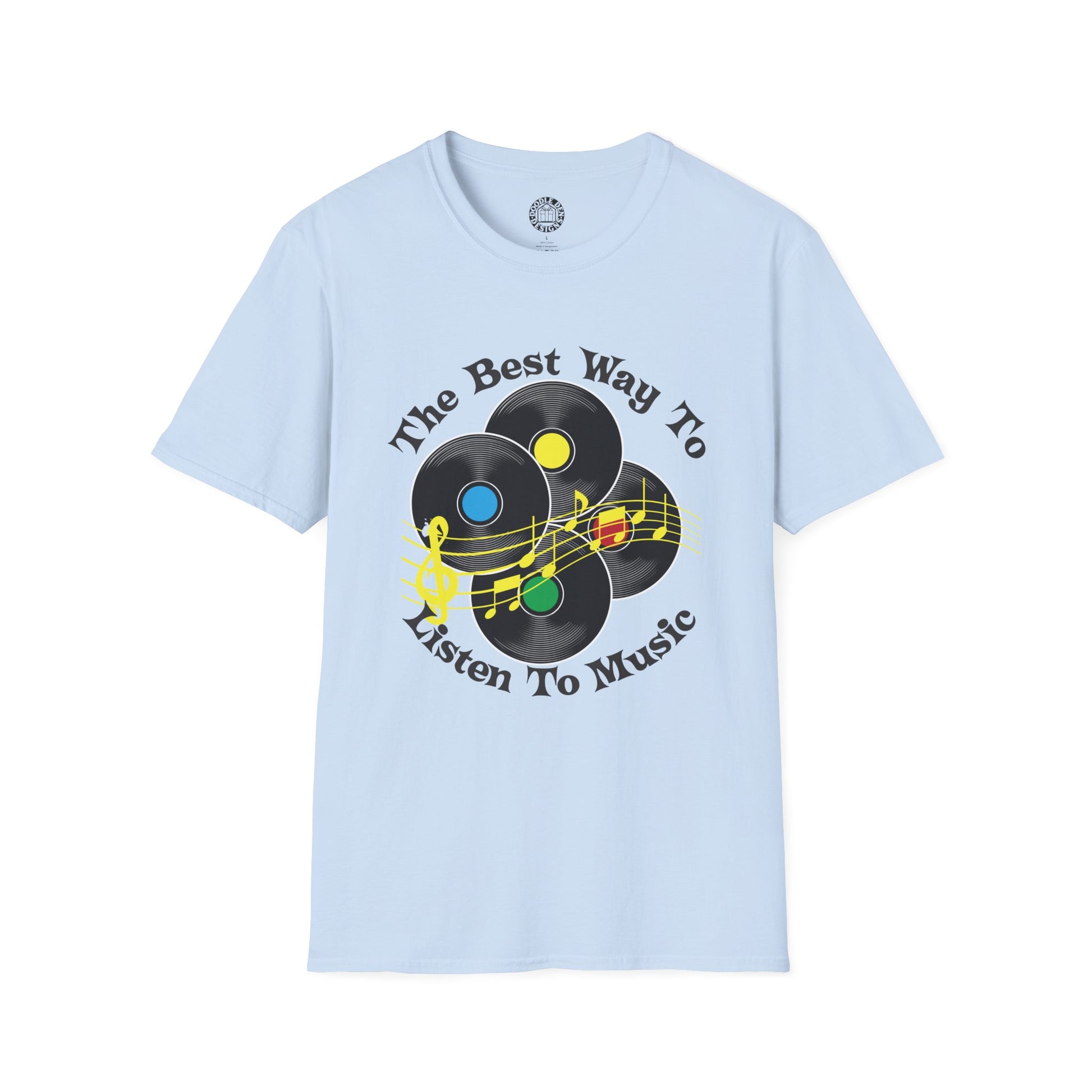 Light blue t-shirt with vinyl music-themed design on a white background