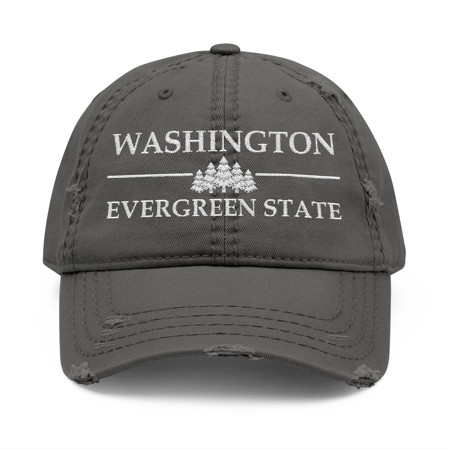 Gray cap with 'Washington Evergreen State' text and tree graphic  embroidered in white thread
