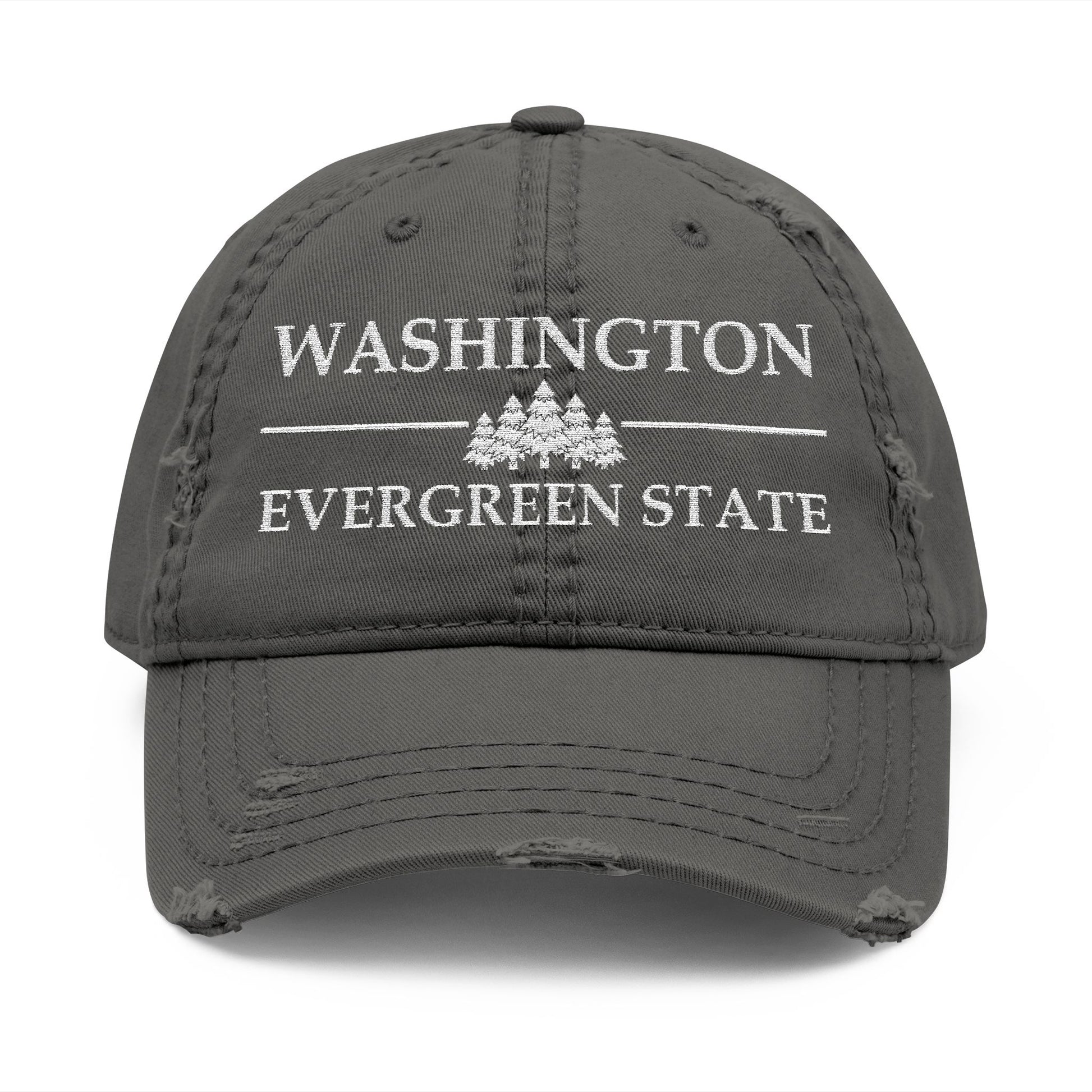 Gray cap with 'Washington Evergreen State' text and tree graphic  embroidered in white thread