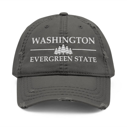 Gray cap with 'Washington Evergreen State' text and tree graphic  embroidered in white thread