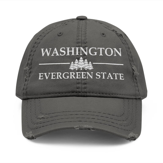 Gray cap with 'Washington Evergreen State' text and tree graphic  embroidered in white thread