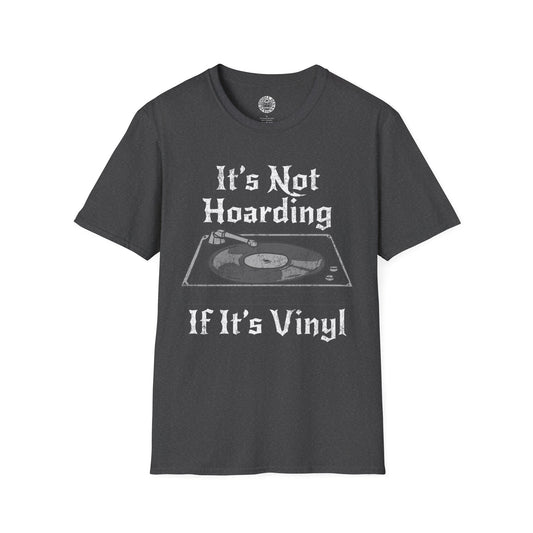 Dark gray t-shirt with vinyl record graphic and text on a white background