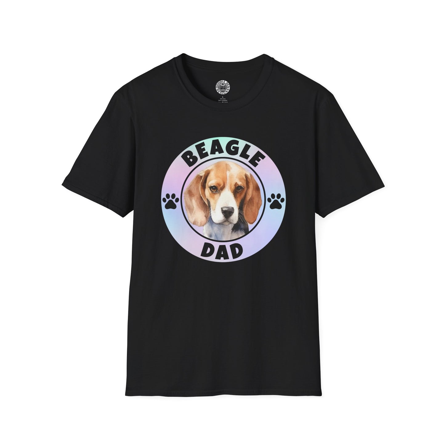 Black t-shirt with a beagle graphic and 'Beagle Dad' text on a white background