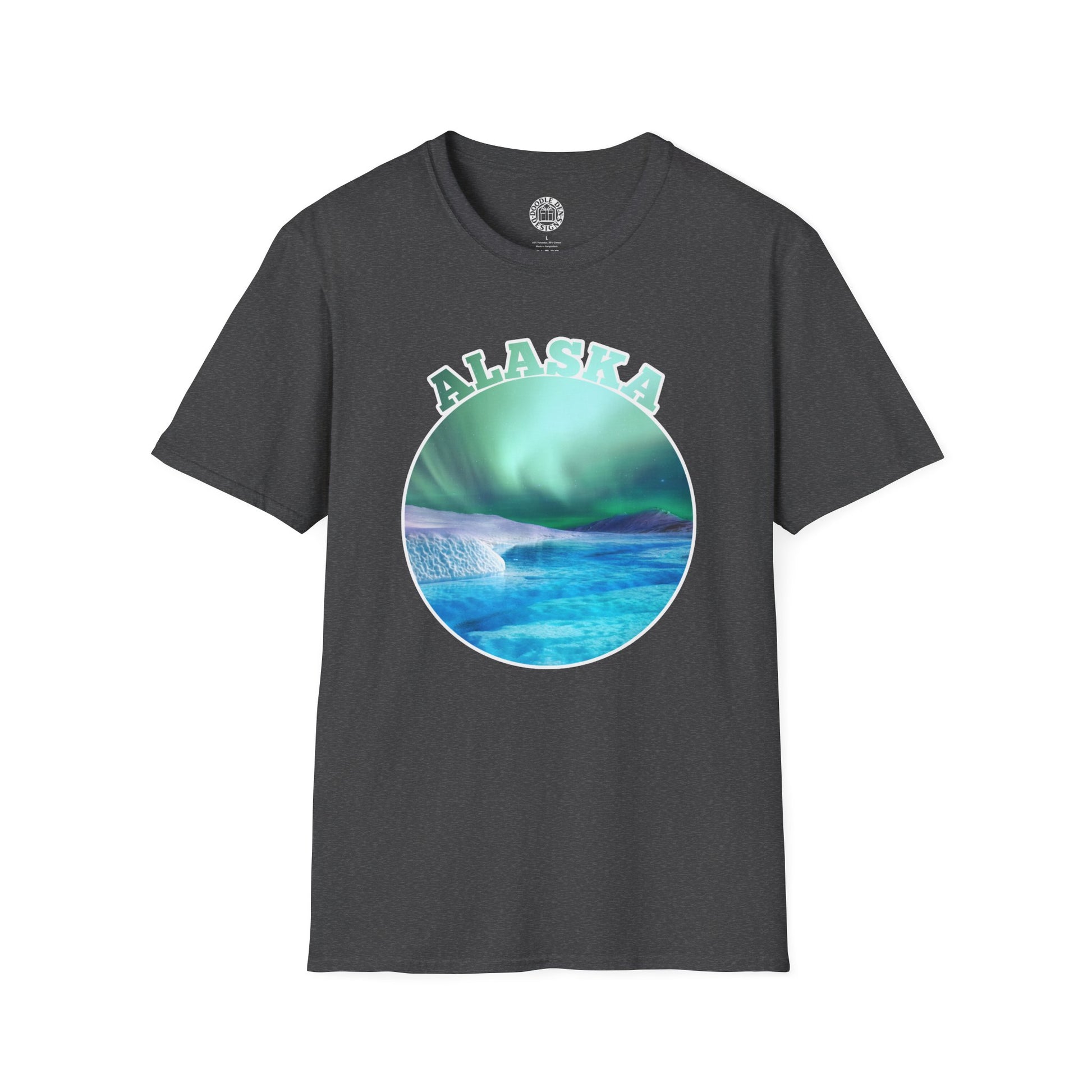 Black t-shirt with Alaska graphic design featuring Northern Lights on a white background northern lights aurora borealis