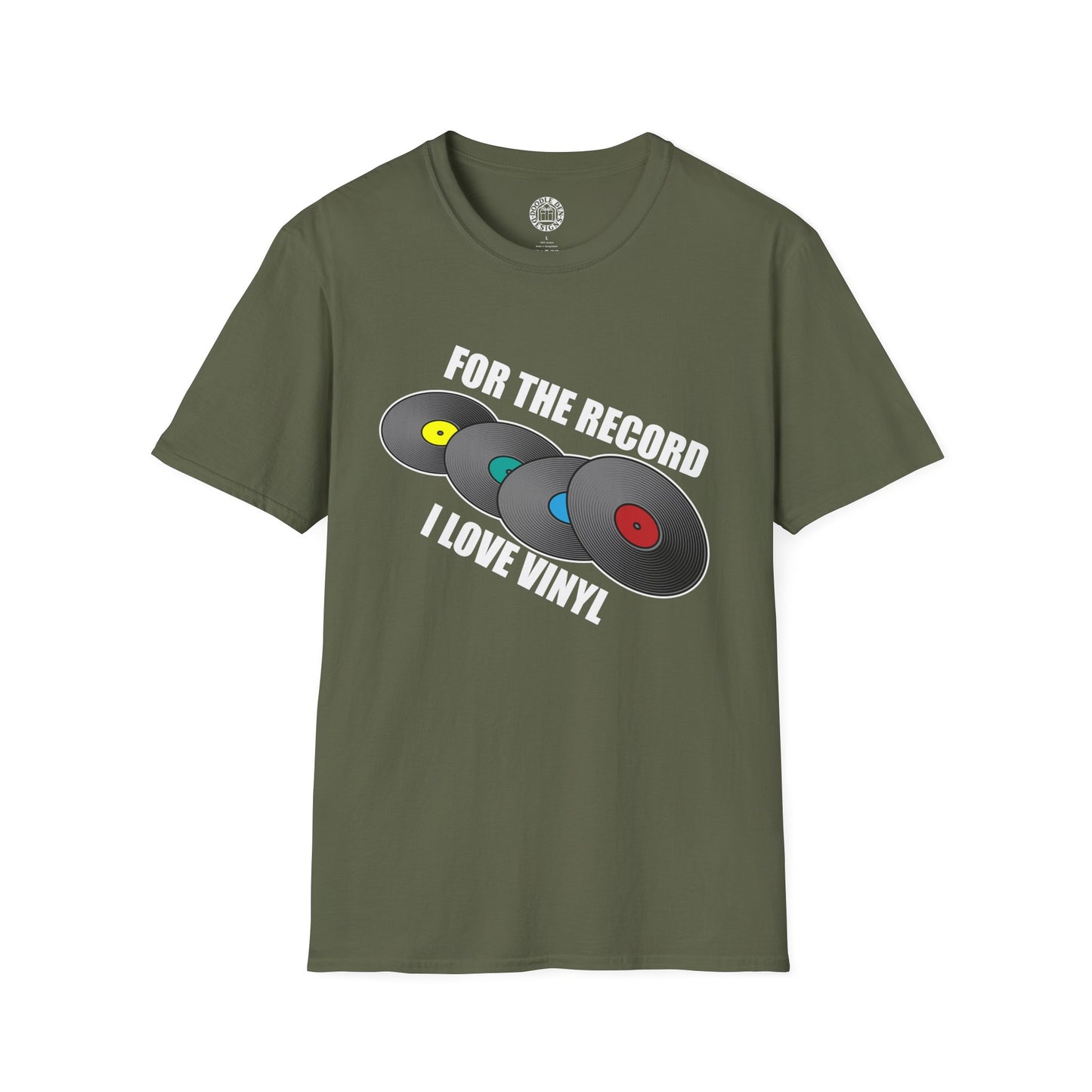 Green t-shirt with vinyl record design and text on a white background