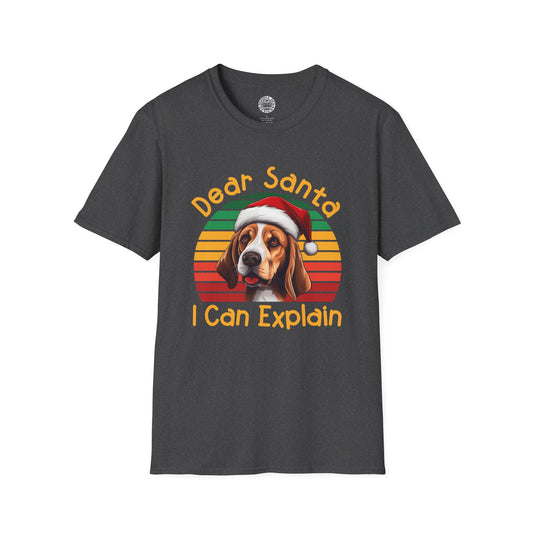 Dark gray t-shirt with a beagle dog wearing a Santa hat and text 'Dear Santa I Can Explain' on a white background