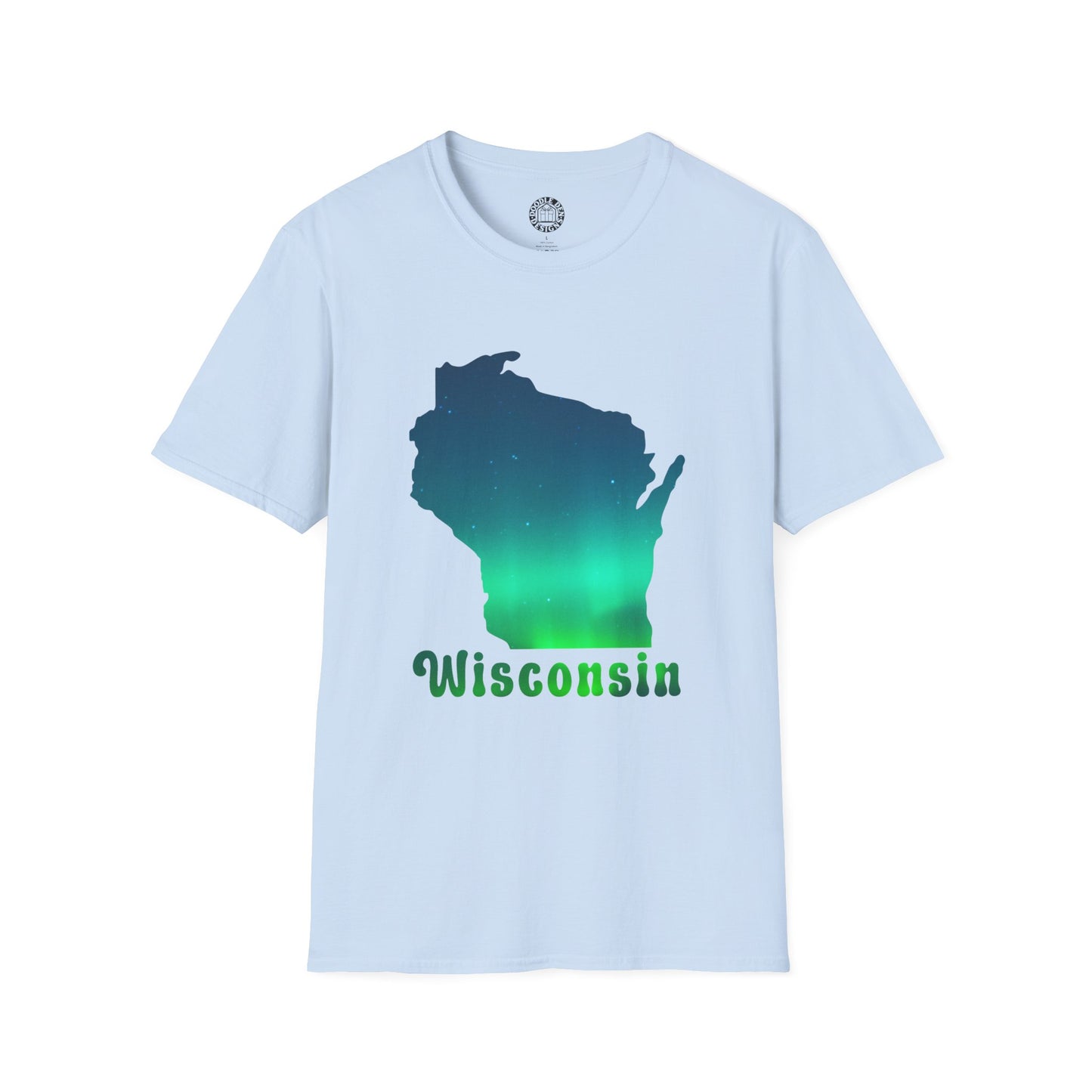 Light blue t-shirt with a green Wisconsin map design on a white background