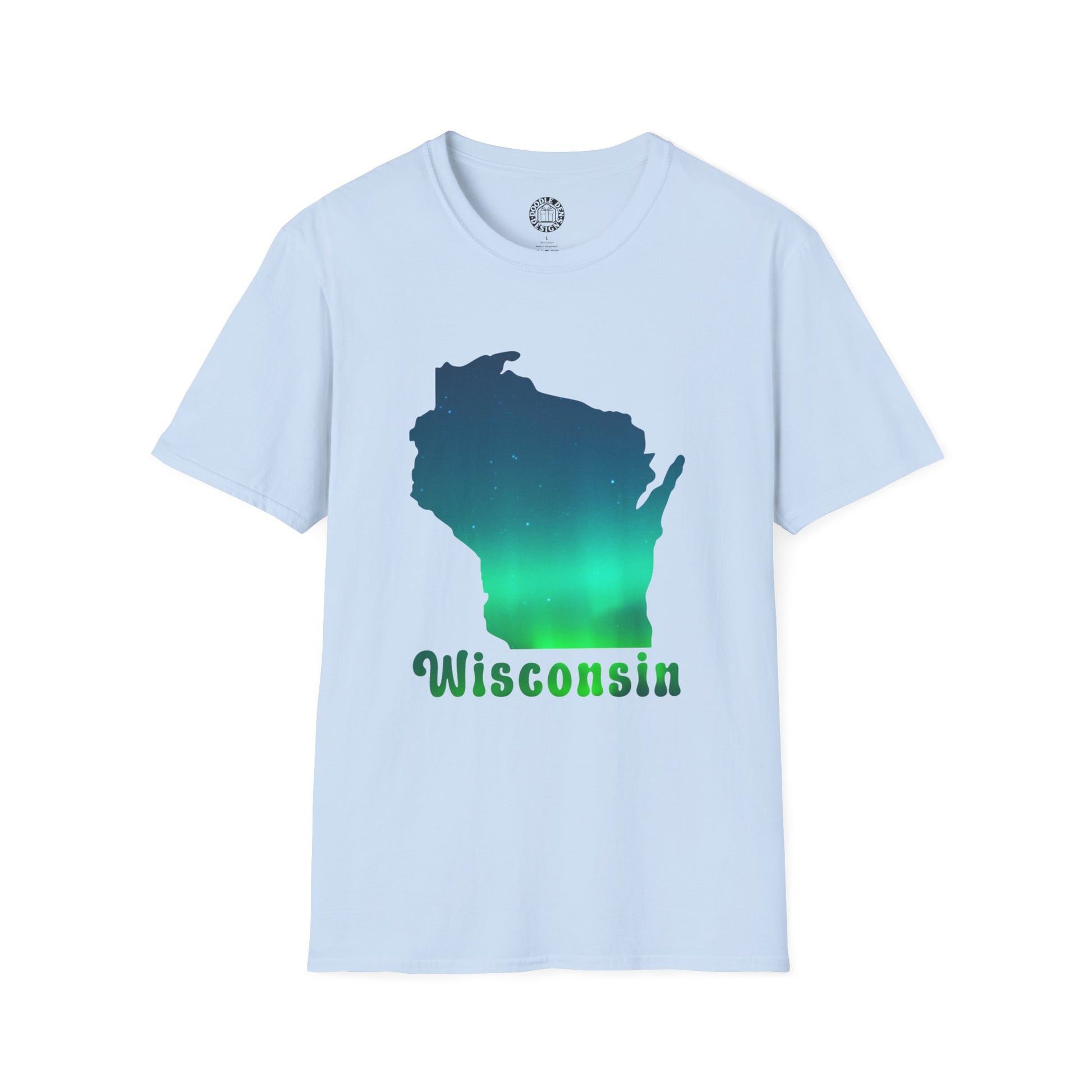 Light blue t-shirt with a green Wisconsin map design on a white background