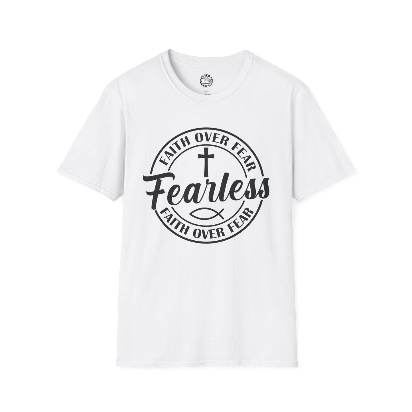 White t-shirt with the words Fearless Faith Over Fear with cross and fish symbol