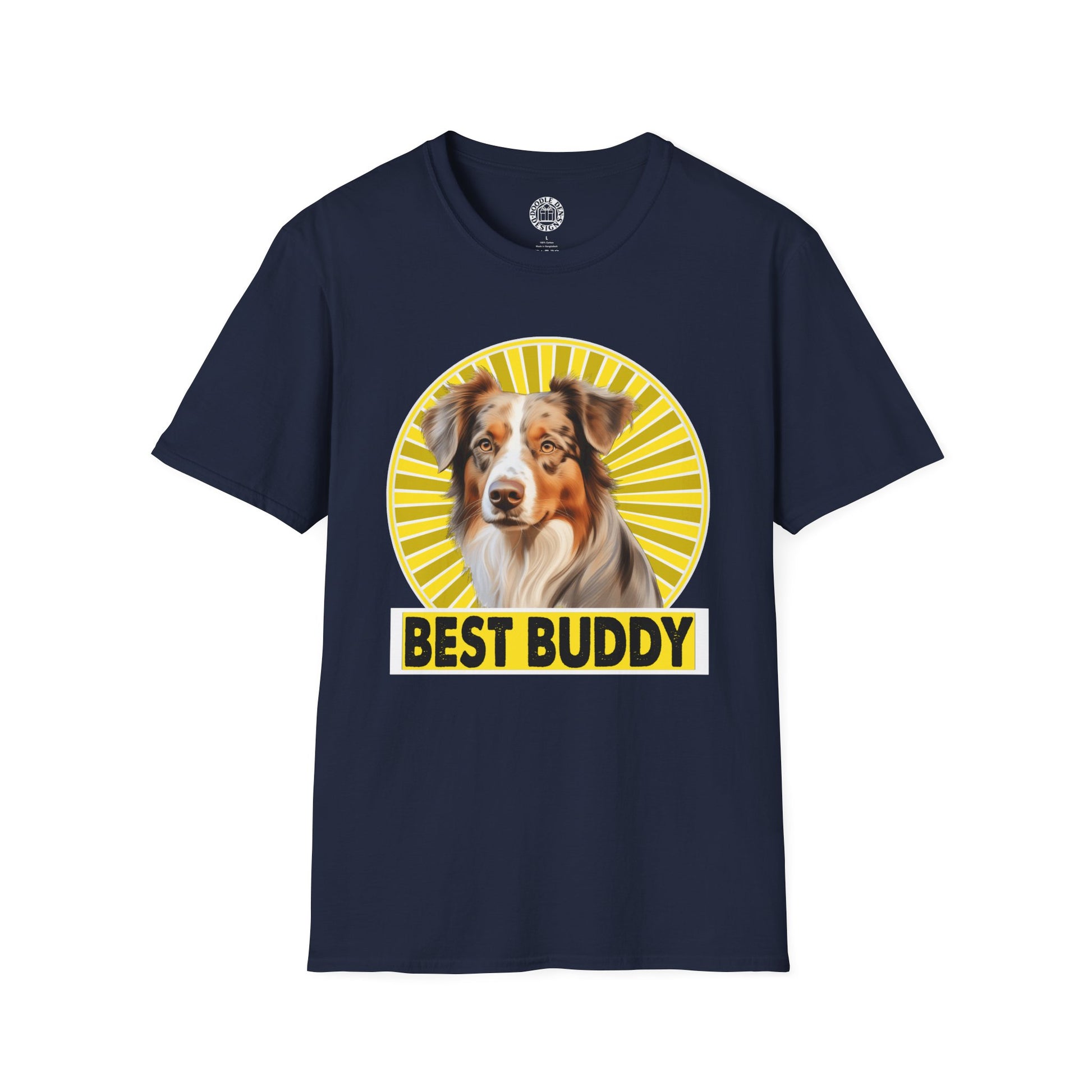 Navy blue t-shirt with a Australian Shepherd dog graphic and 'BEST BUDDY' text on a white background