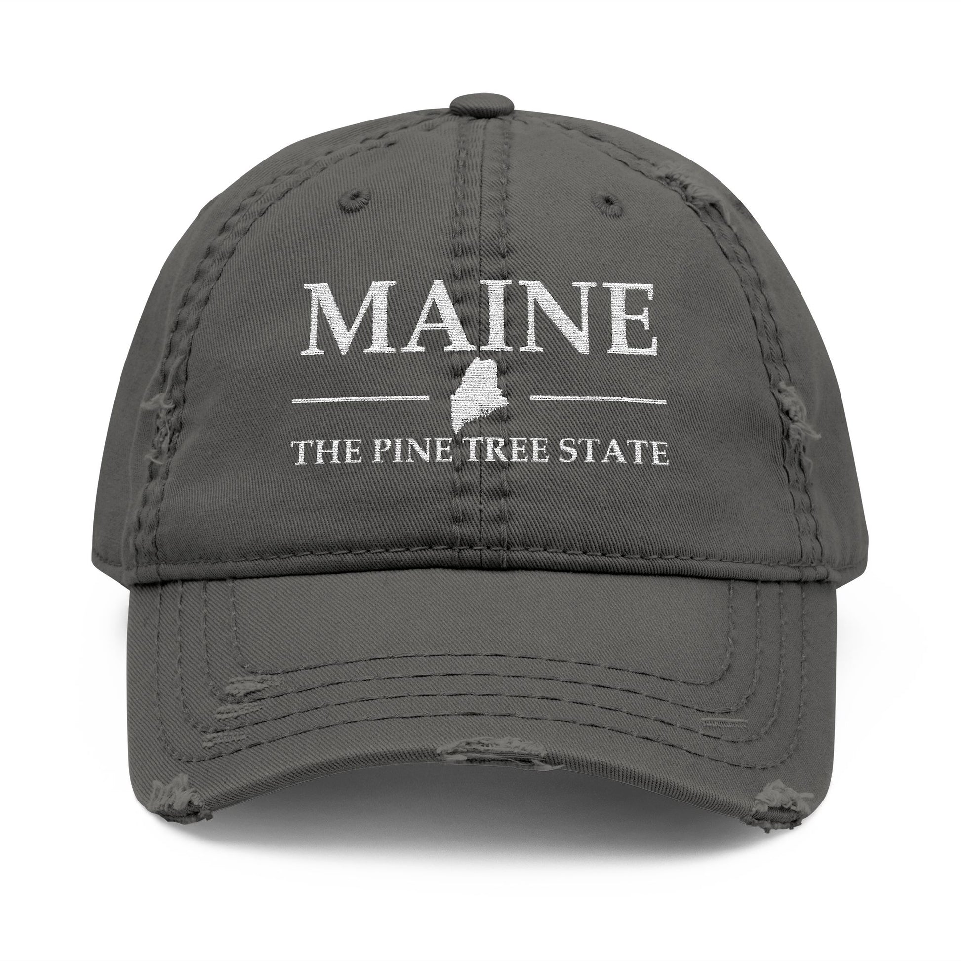 Gray cap with 'MAINE THE PINE TREE STATE' text  embroidered in white thread
