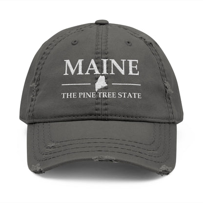 Gray cap with 'MAINE THE PINE TREE STATE' text  embroidered in white thread