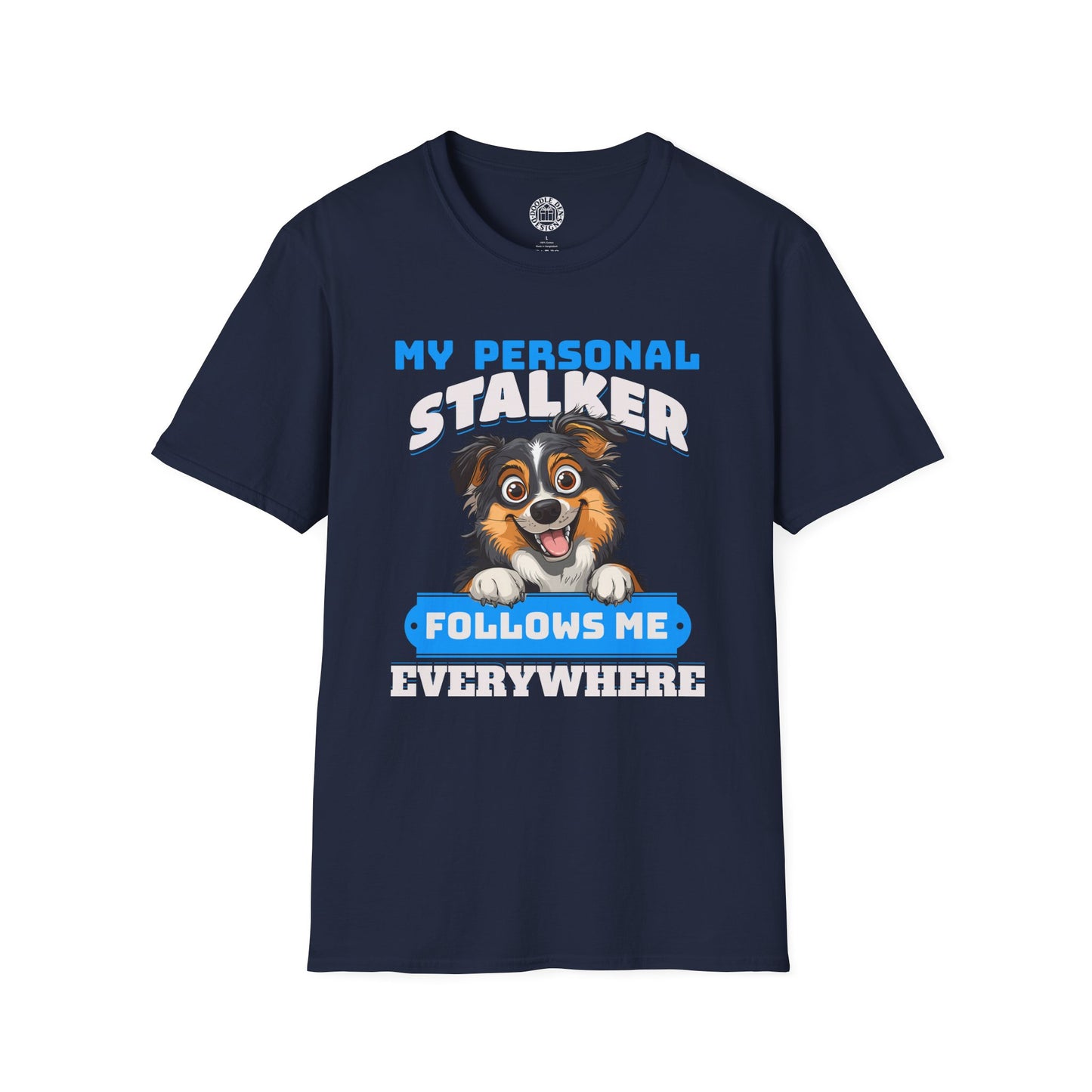 Navy blue t-shirt with a Australian Shepherd dog graphic and text on a white background