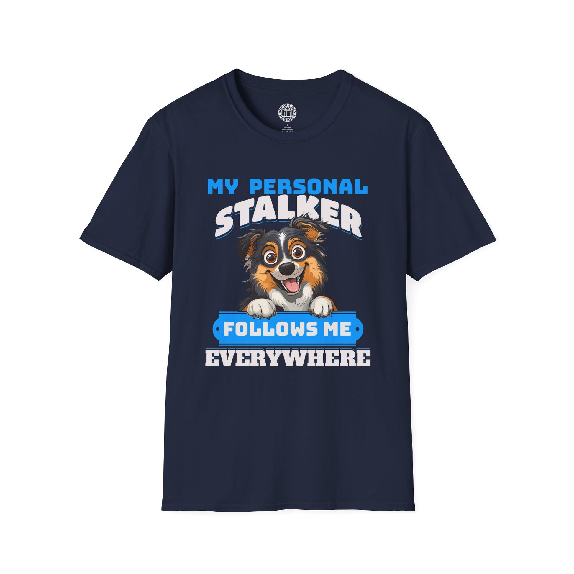 Navy blue t-shirt with a Australian Shepherd dog graphic and text on a white background