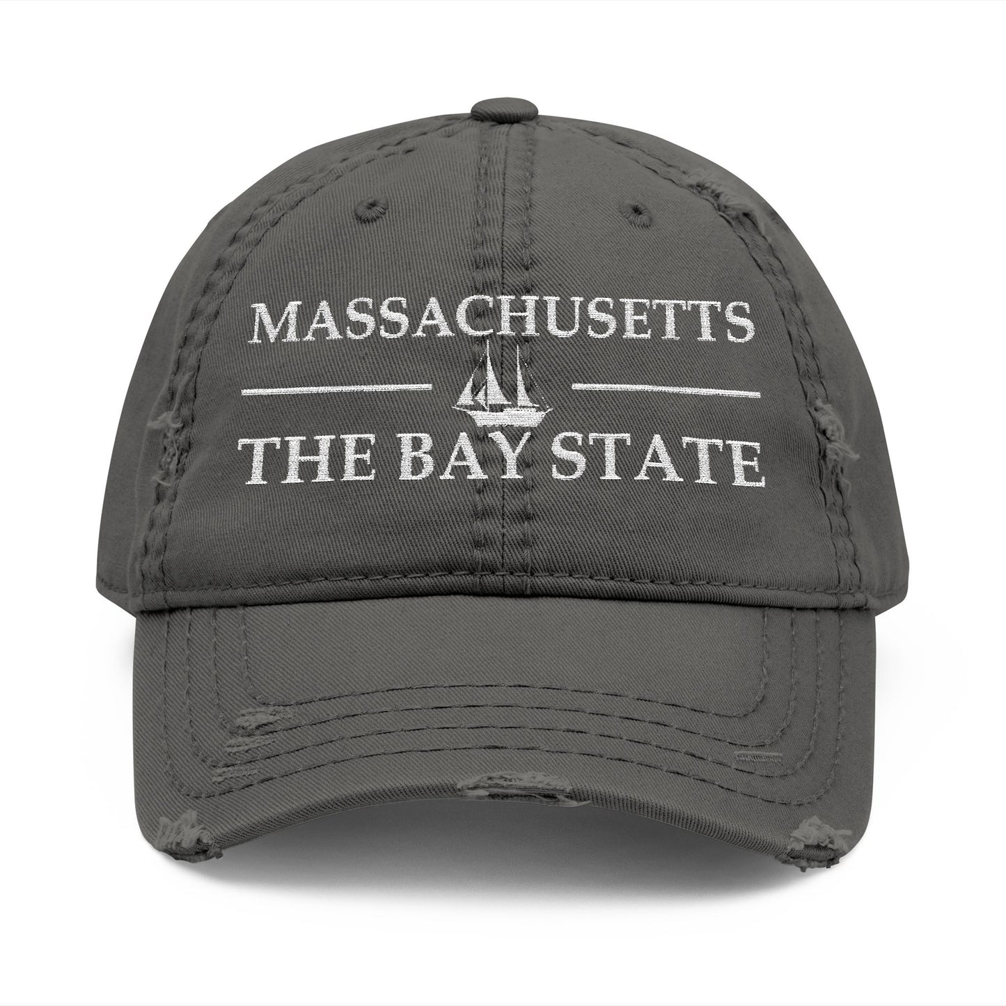 Gray cap with 'Massachusetts The Bay State' text and ship logo  embroidered in white thread