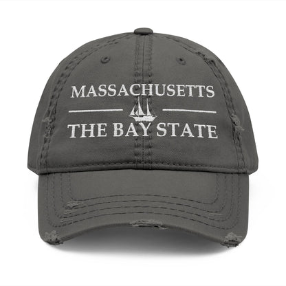 Gray cap with 'Massachusetts The Bay State' text and ship logo  embroidered in white thread