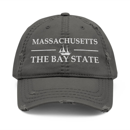 Gray cap with 'Massachusetts The Bay State' text and ship logo  embroidered in white thread